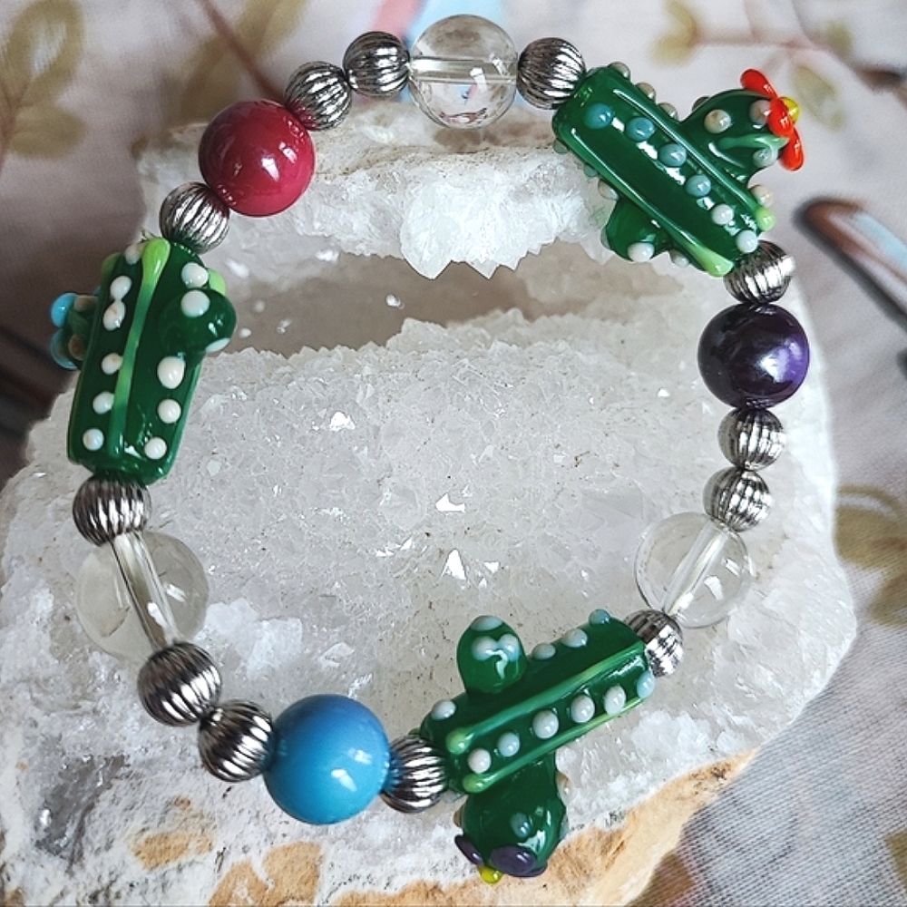 Murano Glass Green Cactus Colorful Flower Lampwork Raised Beads Stretch Bracelet